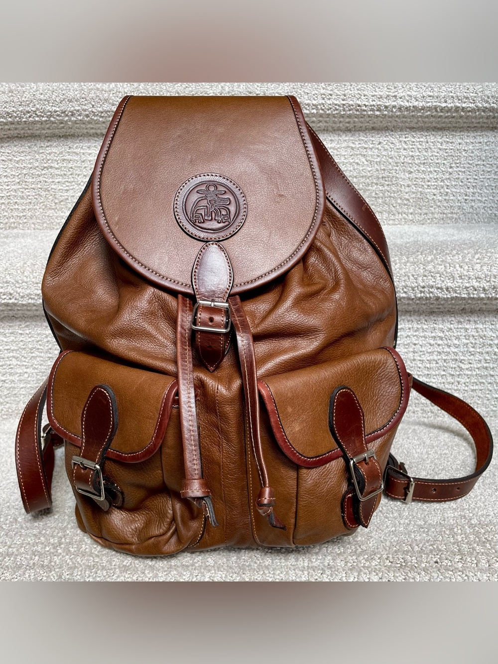 Vintage Artisan Brown Leather Backpack Embossed Crocodile/Alligator Emblem
